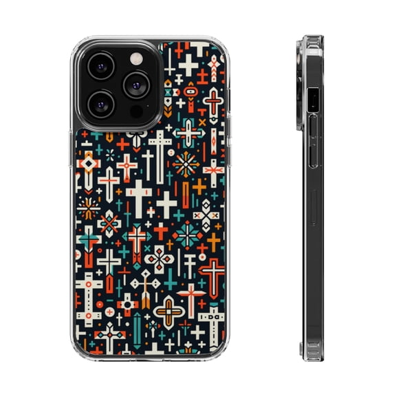 DistinctInk Hybrid (Acrylic / TPU) Clear Slim Fit Case for Apple iPhone 12 Pro (6.1" Screen) - "Vibrant Christian Cross Pattern on Black"