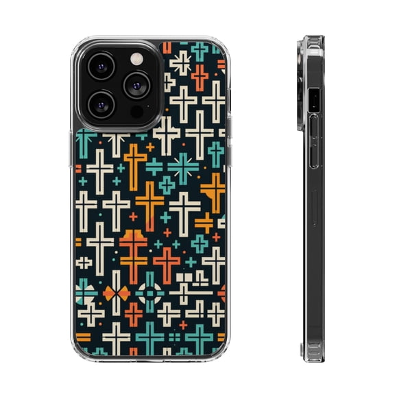 DistinctInk Clear Hybrid Case for Apple iPhone 12 Pro (6.1" Screen) - Vibrant Christian Cross Pattern on Dark Background - Raised Bezel Screen Guard