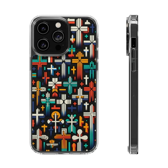 DistinctInk Clear Hybrid Case for Apple iPhone 12 Pro Max (6.7" Screen) - Vibrant Christian Crosses: A Playful Repetition - Raised Bezel Screen Guard