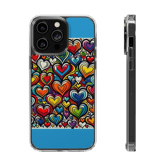 DistinctInk Hybrid (Acrylic / TPU) Clear Slim Fit Case for Apple iPhone 12 Pro MAX (6.7" Screen) - Vibrant, Multicolored Hearts in Graffiti Style