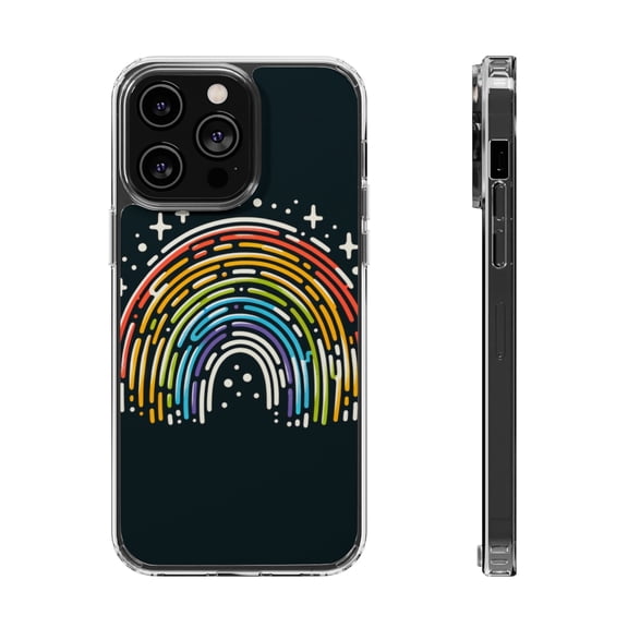 DistinctInk Clear Hybrid Case for Apple iPhone 12 Pro Max (6.7" Screen) - Vibrant Spectrum: A Bold Hand-Drawn Rainbow - Tempered Glass Back