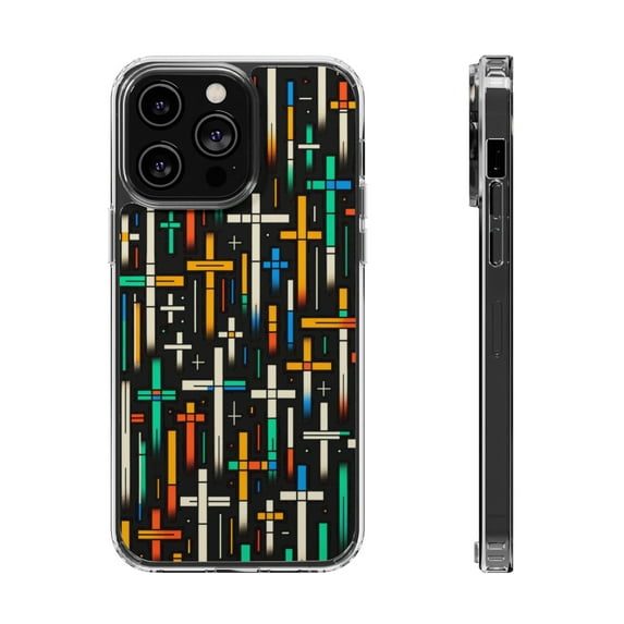 DistinctInk Clear Hybrid Case for Apple iPhone 12 Pro Max (6.7" Screen) - Vivid Christian Crosses Dance on Black - Shockproof Protection
