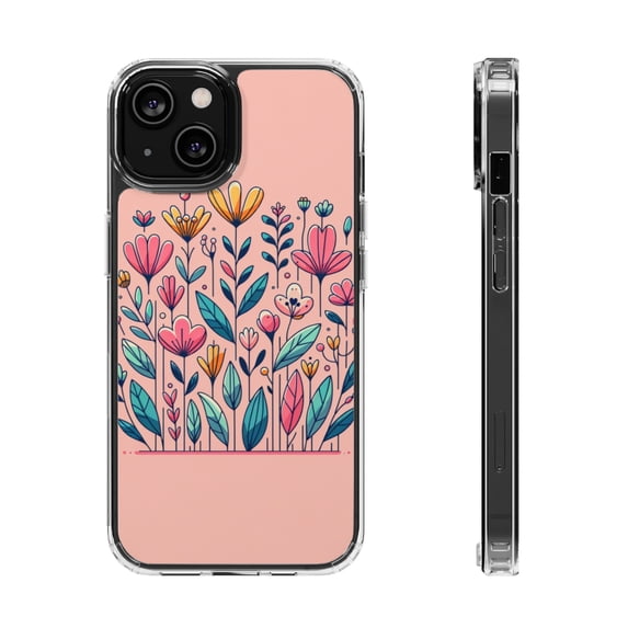 DistinctInk Hybrid (Acrylic / TPU) Clear Slim Fit Case for Apple iPhone 13 (6.1" Screen) - "Blossoming Spring: Vibrant Hand-Drawn Floral Delight"