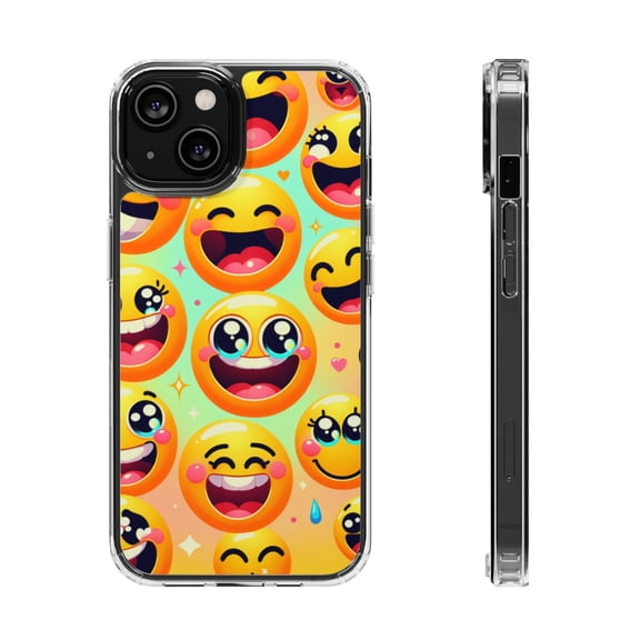 DistinctInk Clear Hybrid Case for Apple iPhone 13 (6.1" Screen) - Delightful Array: Vibrant Cartoon Smiley Faces - Wireless Charging Compatible