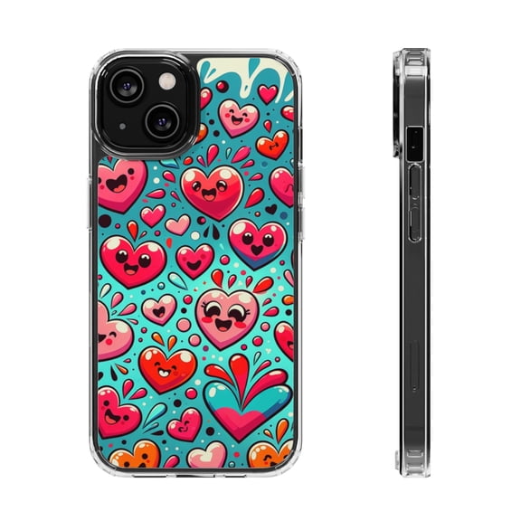 DistinctInk Clear Hybrid Case for Apple iPhone 13 (6.1" Screen) - Joyful Symphony: A Lively Cartoon Heart Pattern - Raised Bezel Screen Guard