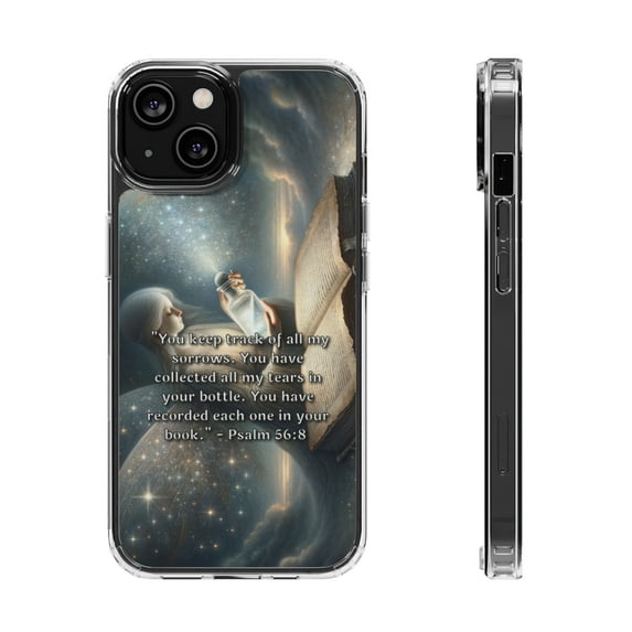 DistinctInk Clear Hybrid Case for Apple iPhone 13 (6.1" Screen) - God's Loving Record of Our Sorrows - Tempered Glass Back