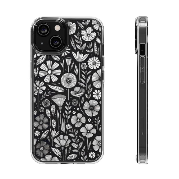 DistinctInk Clear Hybrid Case for Apple iPhone 13 (6.1" Screen) - Whimsical Garden: Hand-drawn Cartoon Flowers - Tempered Glass Back