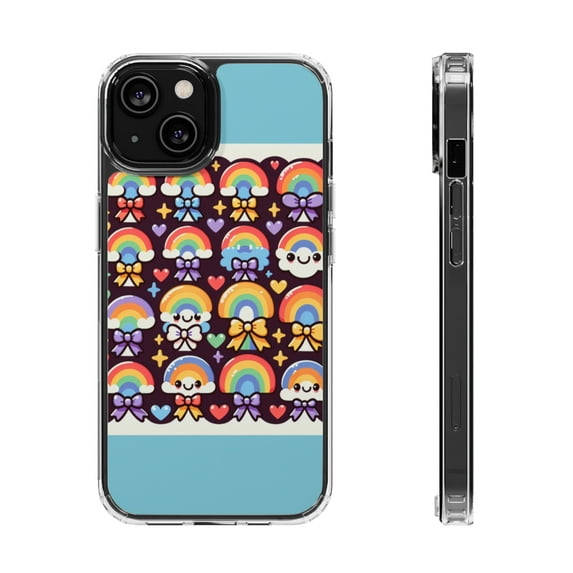 DistinctInk Hybrid (Acrylic / TPU) Clear Slim Fit Case for Apple iPhone 13 (6.1" Screen) - "Whimsical Rainbow Delight: A Vibrant Pattern"