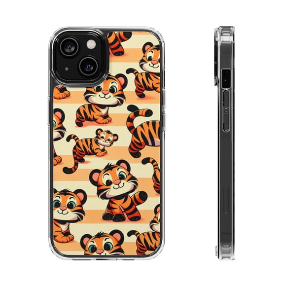 DistinctInk Hybrid (Acrylic / TPU) Clear Slim Fit Case for Apple iPhone 13 MINI (5.4" Screen) - "Crazy Tigers Unleashed on Pastel Backdrop"