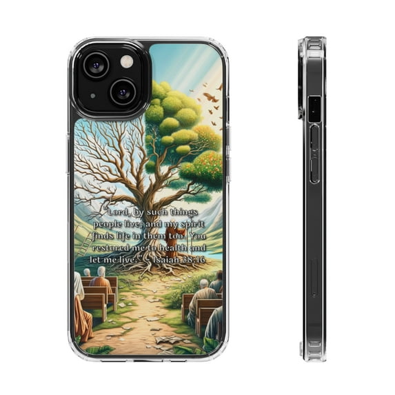 DistinctInk Clear Hybrid Case for Apple iPhone 13 Mini (5.4" Screen) - Finding Life and Restoration in Isaiah 38:16 - Shockproof Protection