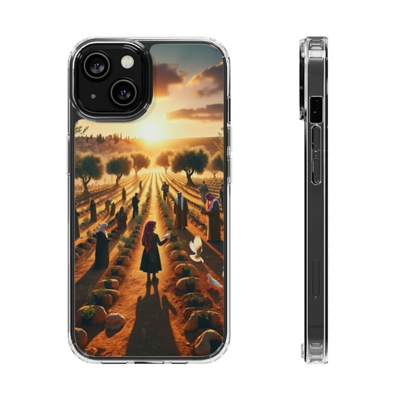 DistinctInk Clear Hybrid Case for Apple iPhone 13 Mini (5.4" Screen) - Harmony Through Unity: Planting Olive Trees - Shockproof Protection