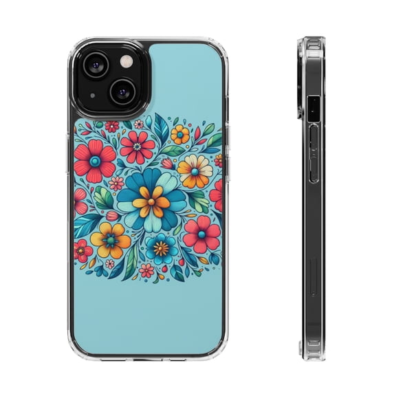 DistinctInk Hybrid (Acrylic / TPU) Clear Slim Fit Case for Apple iPhone 13 MINI (5.4" Screen) - "Minimalist Cartoon Spring Flowers on Blue"