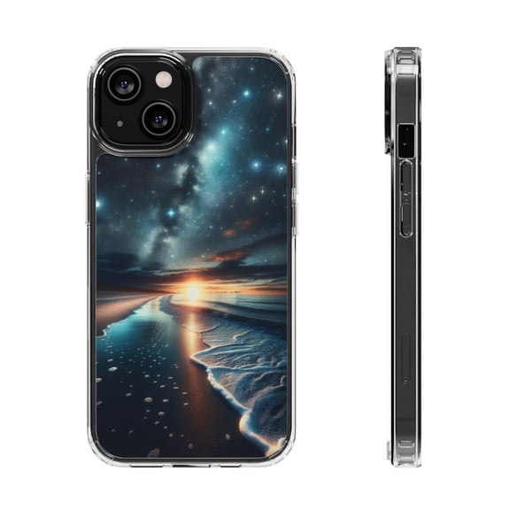 DistinctInk Clear Hybrid Case for Apple iPhone 13 Mini (5.4" Screen) - Starry Ocean Night with Glowing Skies - Wireless Charging Compatible