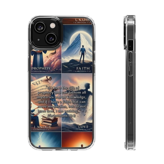 DistinctInk Clear Hybrid Case for Apple iPhone 13 Mini (5.4" Screen) - The Power of Love: 1 Corinthians 13:2 Unveiled - Raised Bezel Screen Guard