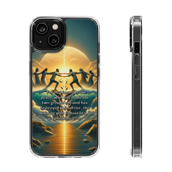DistinctInk Hybrid (Acrylic / TPU) Clear Slim Fit Case for Apple iPhone 13 MINI (5.4" Screen) - "The Unifying Power of Christ: Ephesians 2:14"