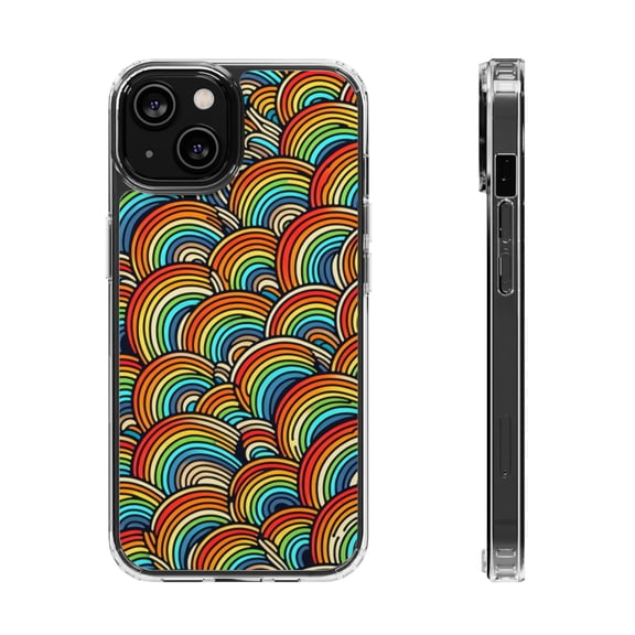 DistinctInk Clear Hybrid Case for Apple iPhone 13 Mini (5.4" Screen) - Vibrant Cartoon Rainbows on Black Canvas - Raised Bezel Screen Guard