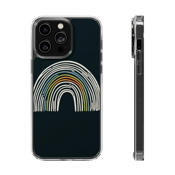 DistinctInk Hybrid (Acrylic / TPU) Clear Slim Fit Case for Apple iPhone 13 Pro (6.1" Screen) - "Brightly Colored Hand-Drawn Rainbow on Black"