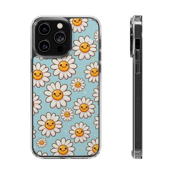 DistinctInk Hybrid (Acrylic / TPU) Clear Slim Fit Case for Apple iPhone 13 Pro (6.1" Screen) - "Cheerful Daisies: Smiling Faces of Joy"
