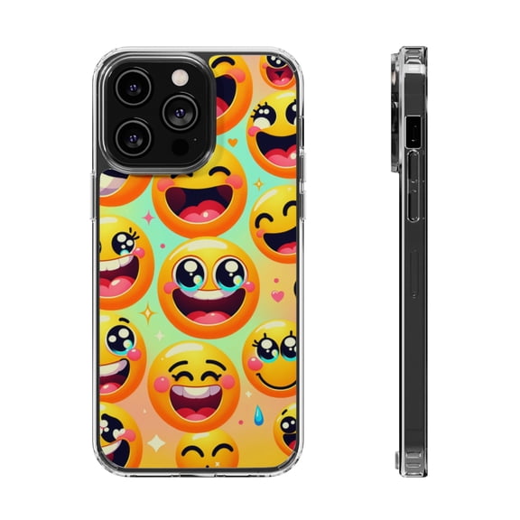 DistinctInk Clear Hybrid Case for Apple iPhone 13 Pro (6.1" Screen) - Delightful Array: Vibrant Cartoon Smiley Faces - Shockproof Protection