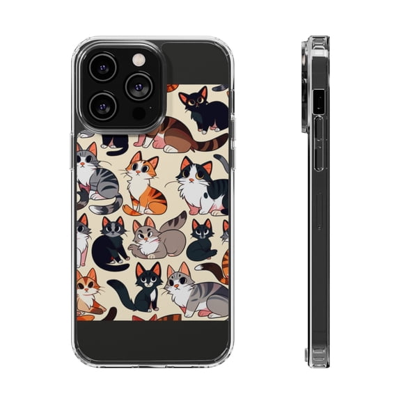 DistinctInk Hybrid (Acrylic / TPU) Clear Slim Fit Case for Apple iPhone 13 Pro (6.1" Screen) - "Feline Extravaganza: A Playful Cartoon Cat Pattern"