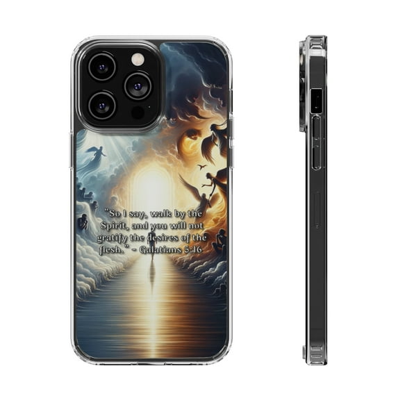 DistinctInk Hybrid (Acrylic / TPU) Clear Slim Fit Case for Apple iPhone 13 Pro (6.1" Screen) - "Galatians 5:16 - Walk by the Spirit for Freedom"