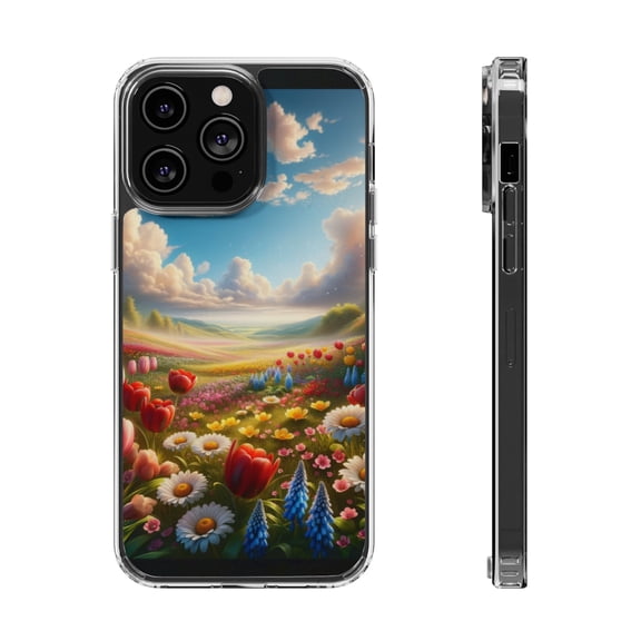 DistinctInk Hybrid (Acrylic / TPU) Clear Slim Fit Case for Apple iPhone 13 Pro (6.1" Screen) - "Spring Symphony: A Blooming Landscape"