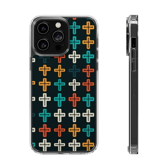 DistinctInk Hybrid (Acrylic / TPU) Clear Slim Fit Case for Apple iPhone 13 Pro (6.1" Screen) - "Vibrant Alternating Christian Crosses Pattern"