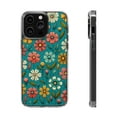 thumbnail image 1 of DistinctInk Clear Hybrid Case for Apple iPhone 13 Pro Max (6.7" Screen) - Bright Blooms on Teal: A Lively Spring Pattern - Tempered Glass Back, 1 of 8