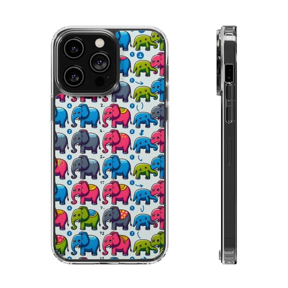 DistinctInk Clear Hybrid Case for Apple iPhone 13 Pro Max (6.7" Screen) - Cheerful and Colorful Elephant Fiesta Pattern - Wireless Charging Compatible