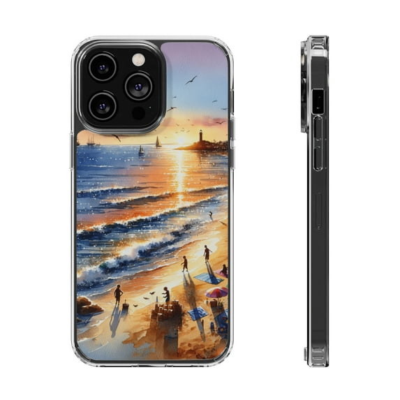 DistinctInk Hybrid (Acrylic / TPU) Clear Slim Fit Case for Apple iPhone 13 Pro MAX (6.7" Screen) - "Serene Sunset: A Vibrant Beachscape Painting"