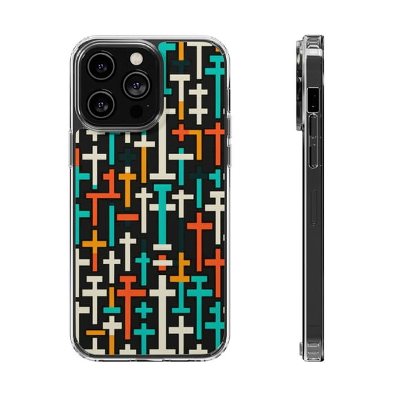 DistinctInk Clear Hybrid Case for Apple iPhone 13 Pro Max (6.7" Screen) - Sleek and Modern: Vibrant Cross Pattern - Wireless Charging Compatible