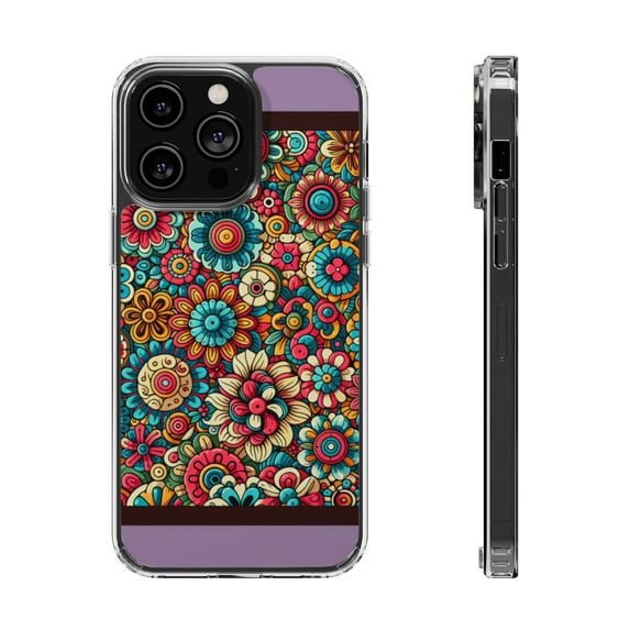 DistinctInk Clear Hybrid Case for Apple iPhone 13 Pro Max (6.7" Screen) - Whimsical Garden: A Kaleidoscope of Blooms - Raised Bezel Screen Guard
