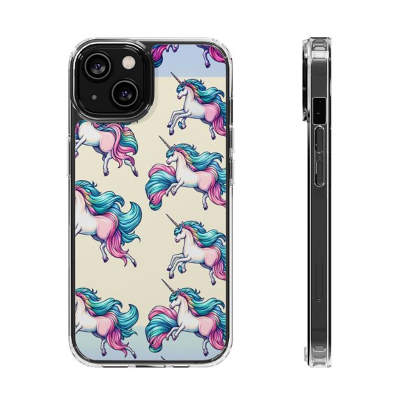 DistinctInk Clear Hybrid Case for Apple iPhone 14 (6.1" Screen) - Enchanting Symphony: Majestic Unicorns in Patterns - Slim Profile Design