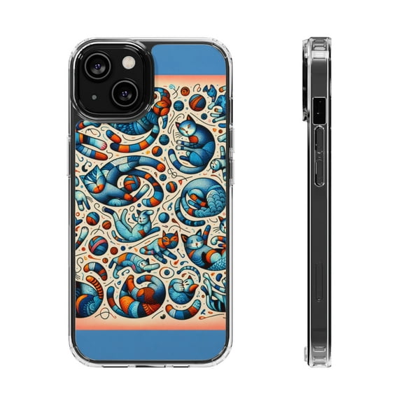 DistinctInk Clear Hybrid Case for Apple iPhone 14 (6.1" Screen) - Feline Frenzy: Whimsical Cats in Motion - Raised Bezel Screen Guard