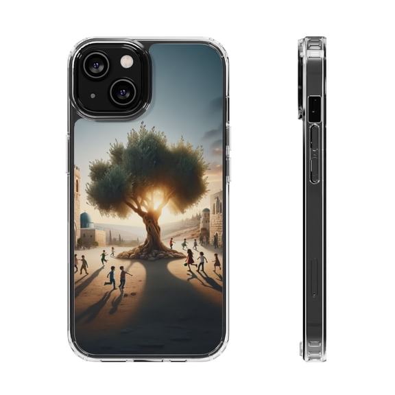 DistinctInk Hybrid (Acrylic / TPU) Clear Slim Fit Case for Apple iPhone 14 (6.1" Screen) - "Harmony Under the Olive Tree: A Peaceful Palestine"