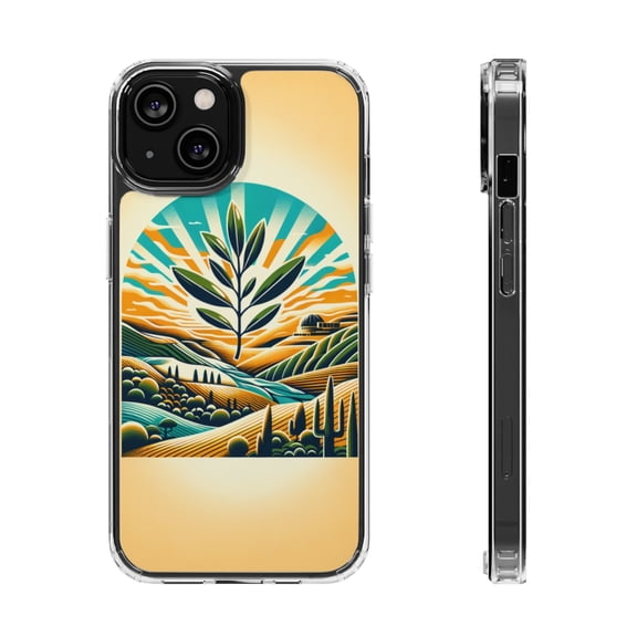 DistinctInk Hybrid (Acrylic / TPU) Clear Slim Fit Case for Apple iPhone 14 (6.1" Screen) - "Harmony in Israel's Golden Horizon"