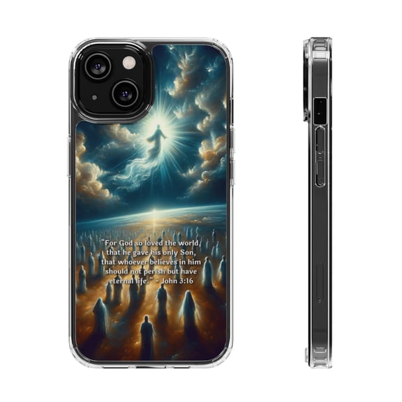 DistinctInk Clear Hybrid Case for Apple iPhone 14 (6.1" Screen) - God's Love: Salvation and Eternal Life - Shockproof Protection
