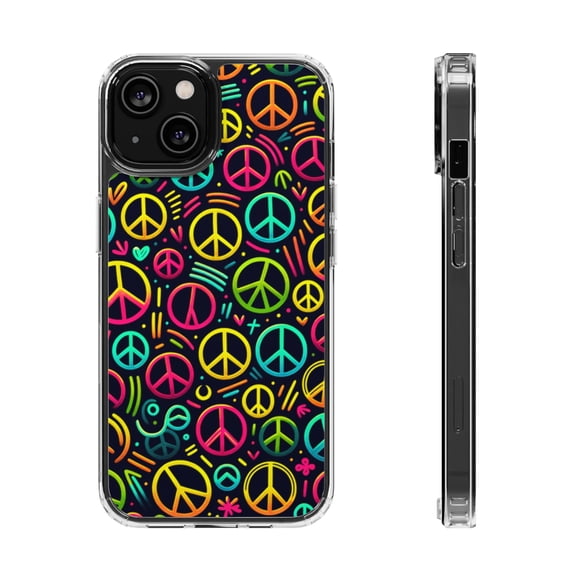 DistinctInk Clear Hybrid Case for Apple iPhone 14 (6.1" Screen) - Luminous Harmony: Cartoon-like Peace Sign Pattern - Wireless Charging Compatible