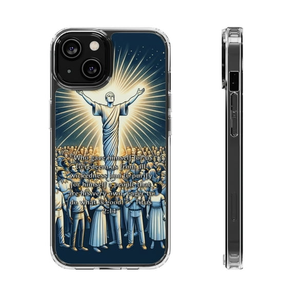 DistinctInk Clear Hybrid Case for Apple iPhone 14 (6.1" Screen) - Purity and Goodness - Tempered Glass Back