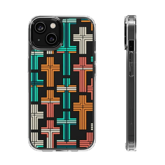 DistinctInk Hybrid (Acrylic / TPU) Clear Slim Fit Case for Apple iPhone 14 (6.1" Screen) - "Repetitive Vibrant Christian Crosses on Black"