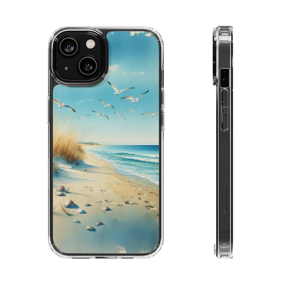 DistinctInk Hybrid (Acrylic / TPU) Clear Slim Fit Case for Apple iPhone 14 (6.1" Screen) - "Tranquil Serenity: A Watercolour Beach Scene"