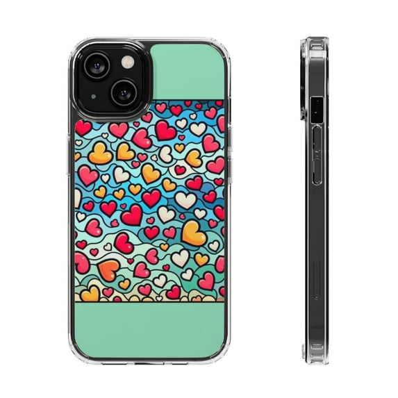 DistinctInk Hybrid (Acrylic / TPU) Clear Slim Fit Case for Apple iPhone 14 (6.1" Screen) - Vibrant Curvy Cartoon Hearts Pattern