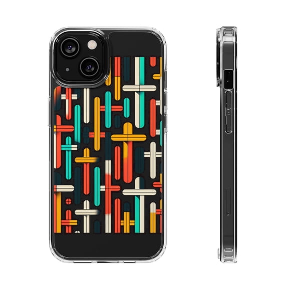 DistinctInk Clear Hybrid Case for Apple iPhone 14 (6.1" Screen) - Vibrant Harmony: Bold Crosses on Black - Tempered Glass Back