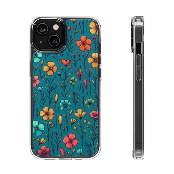 DistinctInk Hybrid (Acrylic / TPU) Clear Slim Fit Case for Apple iPhone 14 (6.1" Screen) - "Vibrant Spring Blossoms on Teal Background"