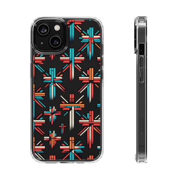 DistinctInk Clear Hybrid Case for Apple iPhone 14 (6.1" Screen) - Vivid Contrast: Bold Christian Crosses Pattern - Slim Profile Design