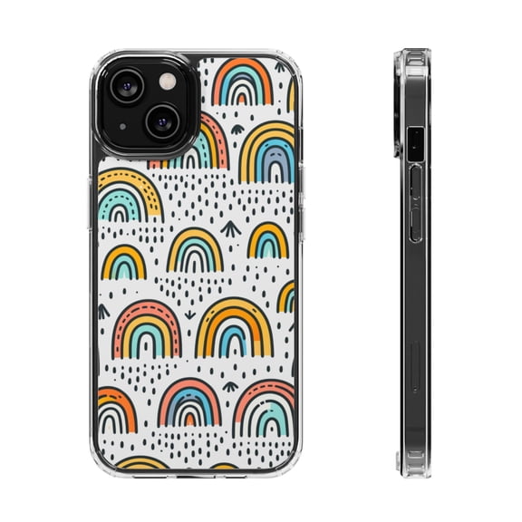 DistinctInk Clear Hybrid Case for Apple iPhone 14 (6.1" Screen) - Whimsical Harmony: Vibrant, Hand-Drawn Rainbow Patterns - Tempered Glass Back