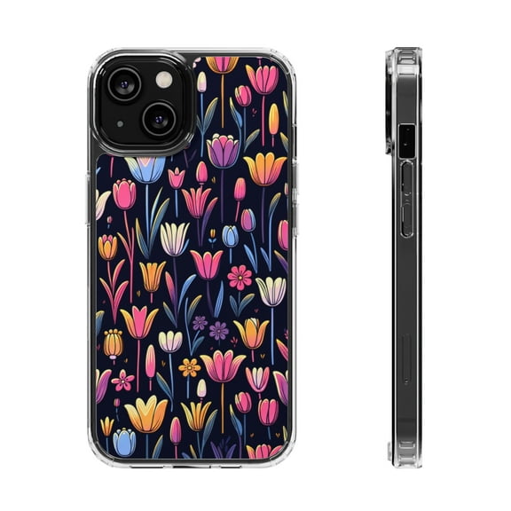 DistinctInk Hybrid (Acrylic / TPU) Clear Slim Fit Case for Apple iPhone 14 (6.1" Screen) - "Whimsical Spring Blooms: Vibrant Minimalistic Flowers"