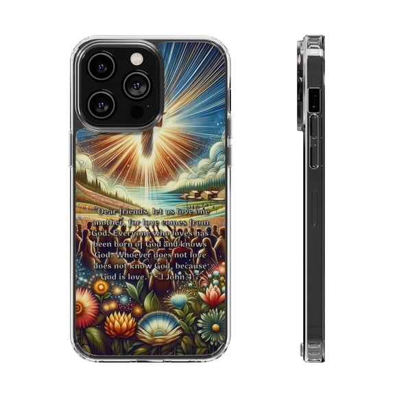 DistinctInk Hybrid (Acrylic / TPU) Clear Slim Fit Case for Apple iPhone 14 PLUS (6.7" Screen) - "1 John 4:7 – Love: A Divine Connection"