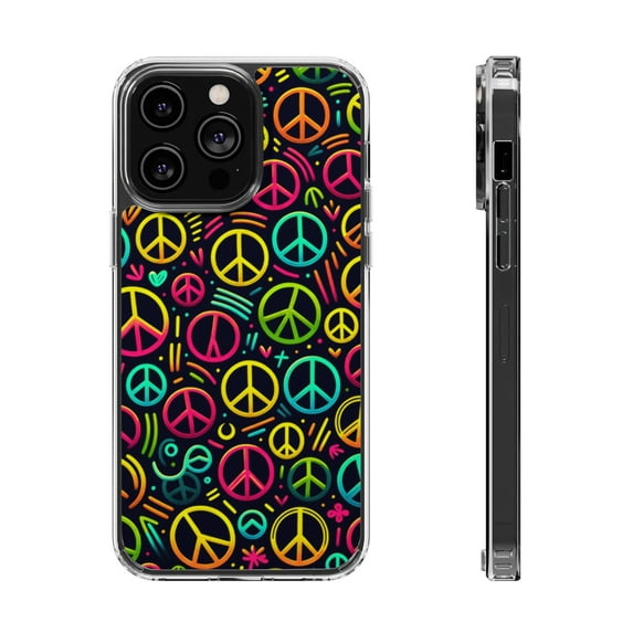 DistinctInk Clear Hybrid Case for Apple iPhone 14 Plus (6.7" Screen) - Luminous Harmony: Cartoon-like Peace Sign Pattern - Shockproof Protection