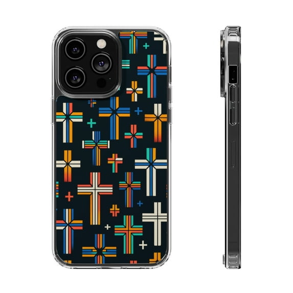 DistinctInk Hybrid (Acrylic / TPU) Clear Slim Fit Case for Apple iPhone 14 PLUS (6.7" Screen) - "Vibrant Alternating Christian Crosses on Black"